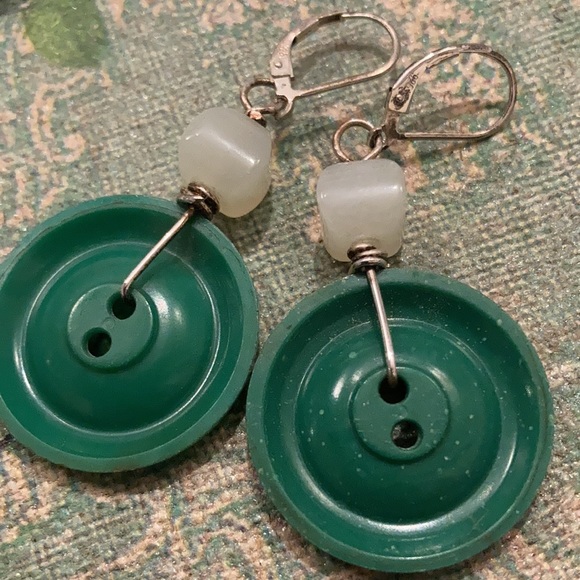 Vintage Button and Jadite Earrings - Picture 2 of 2